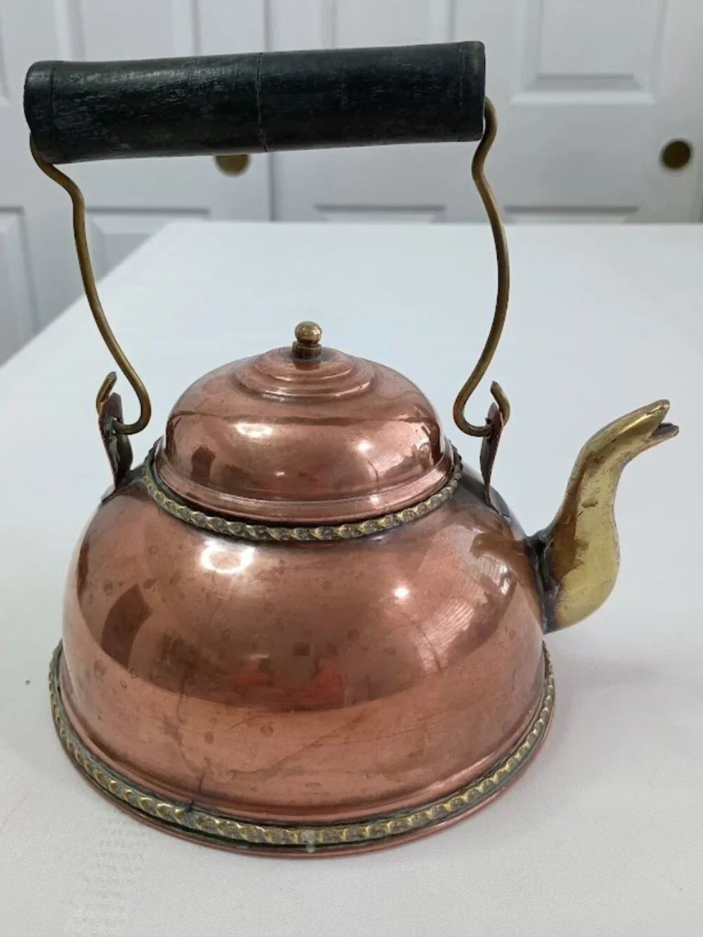Vintage Handcrafted Rustic Teapot with Brass Accents and Black Handle